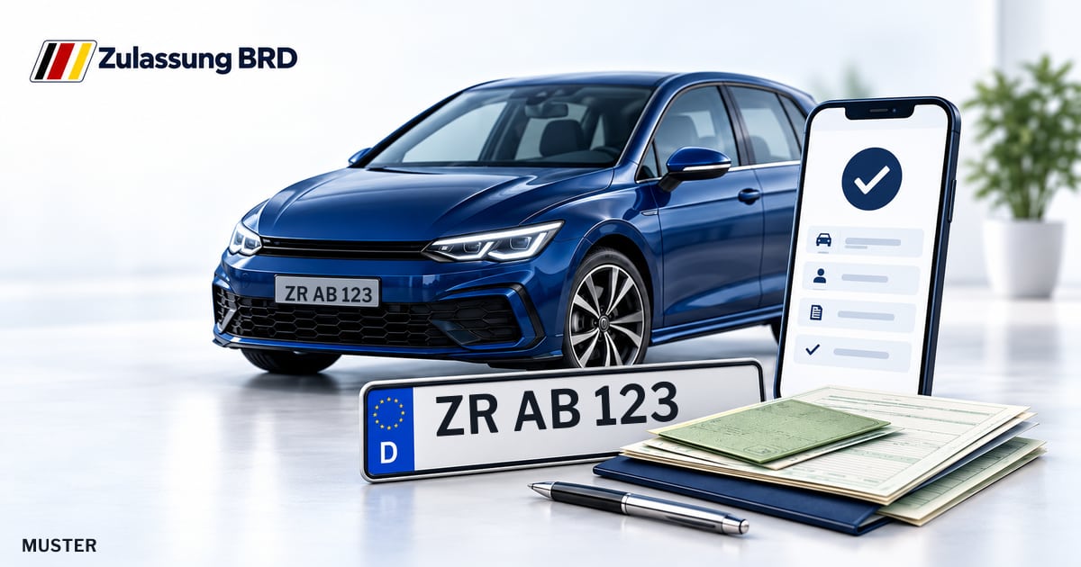 Online Fahrzeugzulassung in Greiz: Musterkennzeichen ZR AB 123, Auto und Fahrzeugpapiere und Smartphone. Illustration mit Logo von Zulassung BRD.